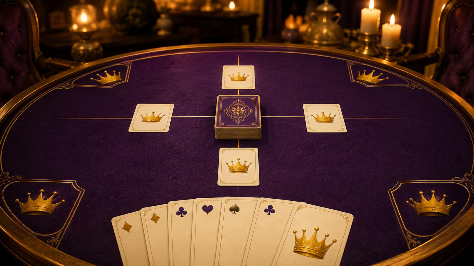 A round table mid-game of Kings in the Corner: the cross-and-corners layout on purple felt with gold crowns, a fanned hand of cards in the foreground.
